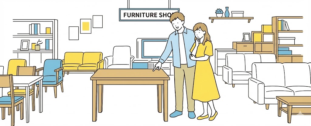 家具屋でテーブルの購入を検討する若いカップルのイラスト
