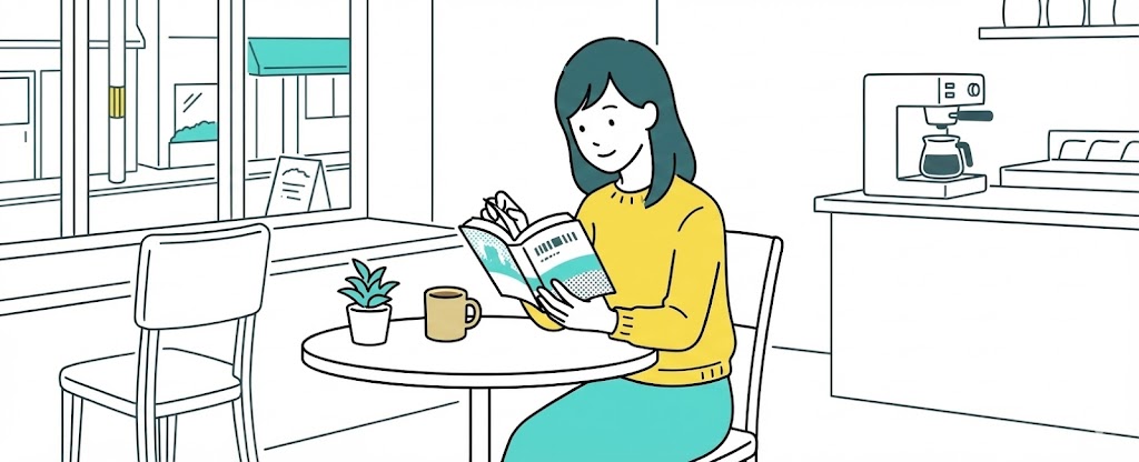 カフェで読書をする女性のイラスト