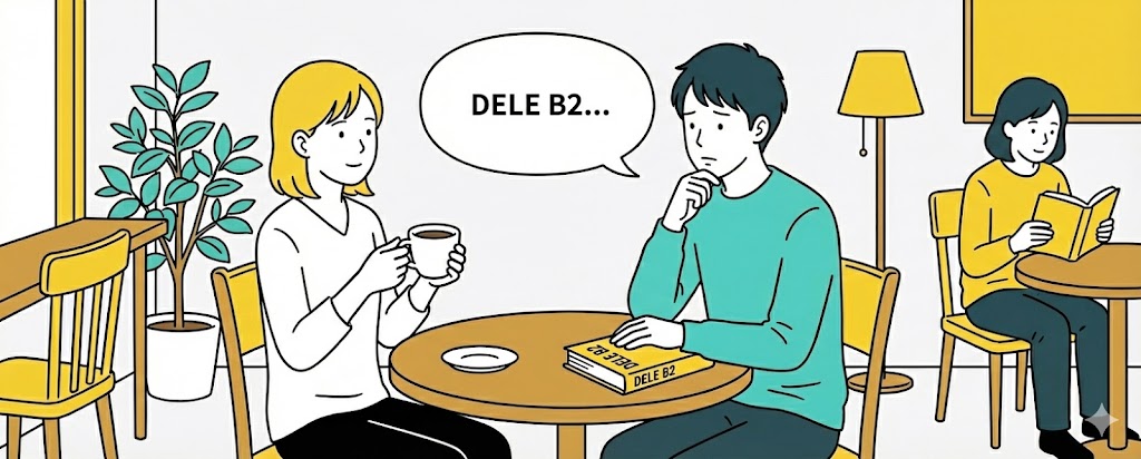 DELE B2の受験を考える男性のイラスト