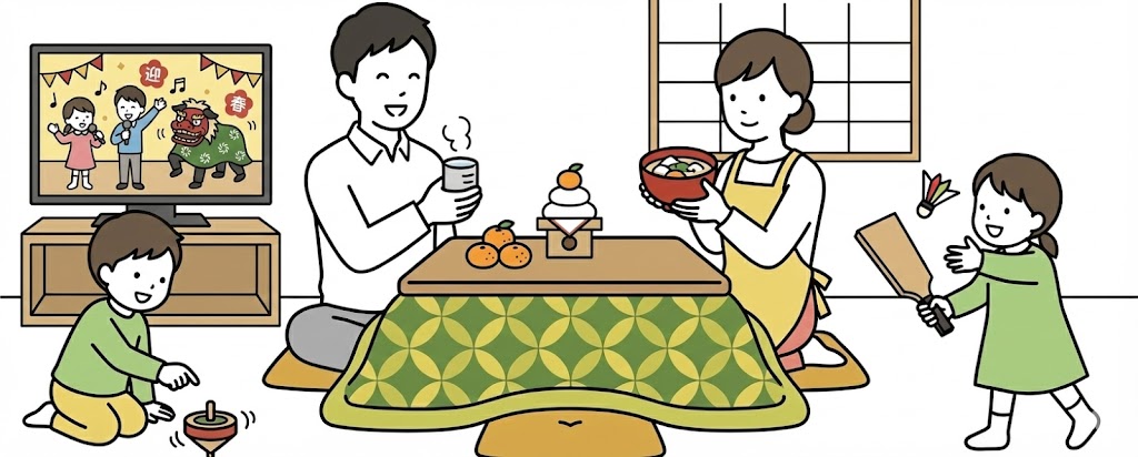 お正月を楽しむ家族のイラスト