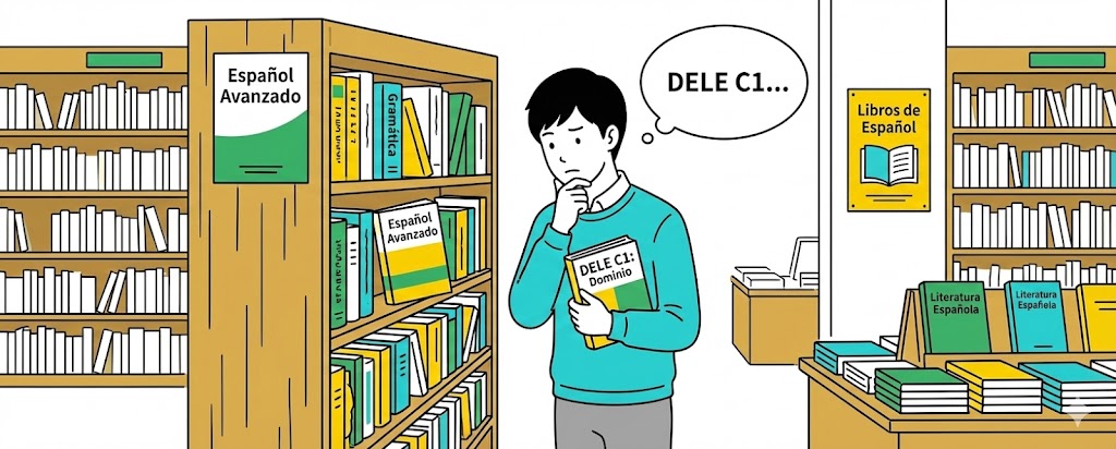 DELE C1の受験を検討している男性のイラスト