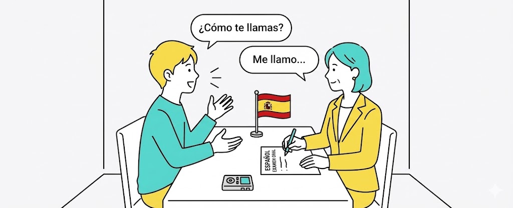 DELE A1の口頭試験をしている受験者と試験官のイラスト