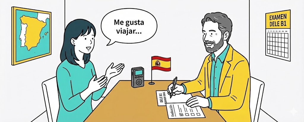 DELE B1の口頭試験を受験する若い女性のイラスト