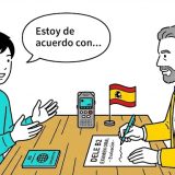 DELE B2の口頭試験パートを受験する若い男性のイラスト