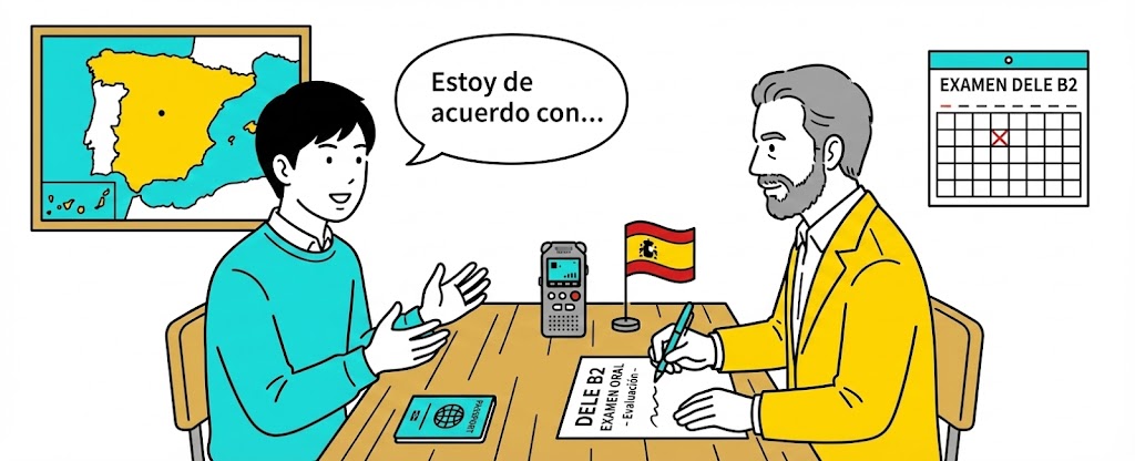 DELE B2の口頭試験パートを受験する若い男性のイラスト