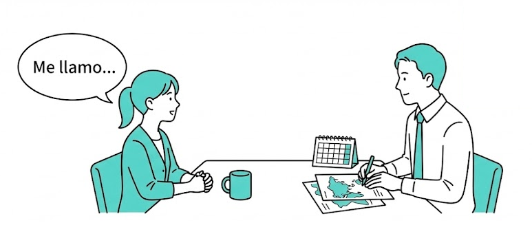 DELE A2の口頭試験を受験する女性のイラスト