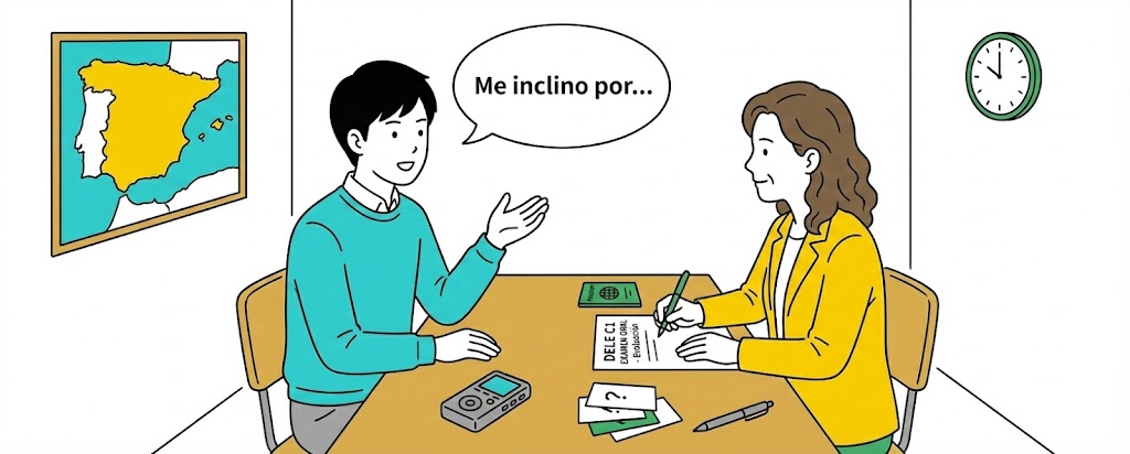 DELE C1の口頭試験を受ける男性のイラスト