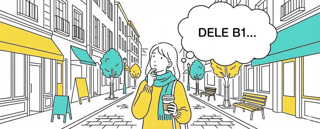 DELE B1の受験を検討する女性のイラスト